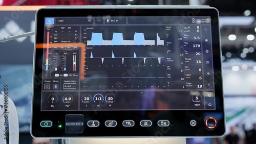 Medical ventilator displaying patient data in intensive care unit. Media