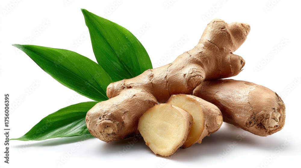 Fototapeta premium A ginger roots, cut in half and with green leaves on top, isolated on a white background.