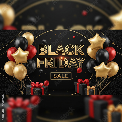 Luxury Black Friday Sale Banner with Gold Balloons and Gift Boxes