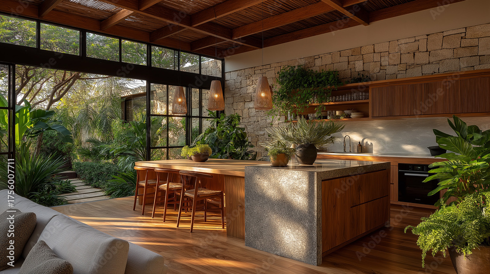 Fototapeta premium Stylish Kitchen with Natural Light: A modern kitchen seamlessly blends indoor and outdoor living with its sleek design, wooden cabinetry, and abundant natural light, creating an inviting space.