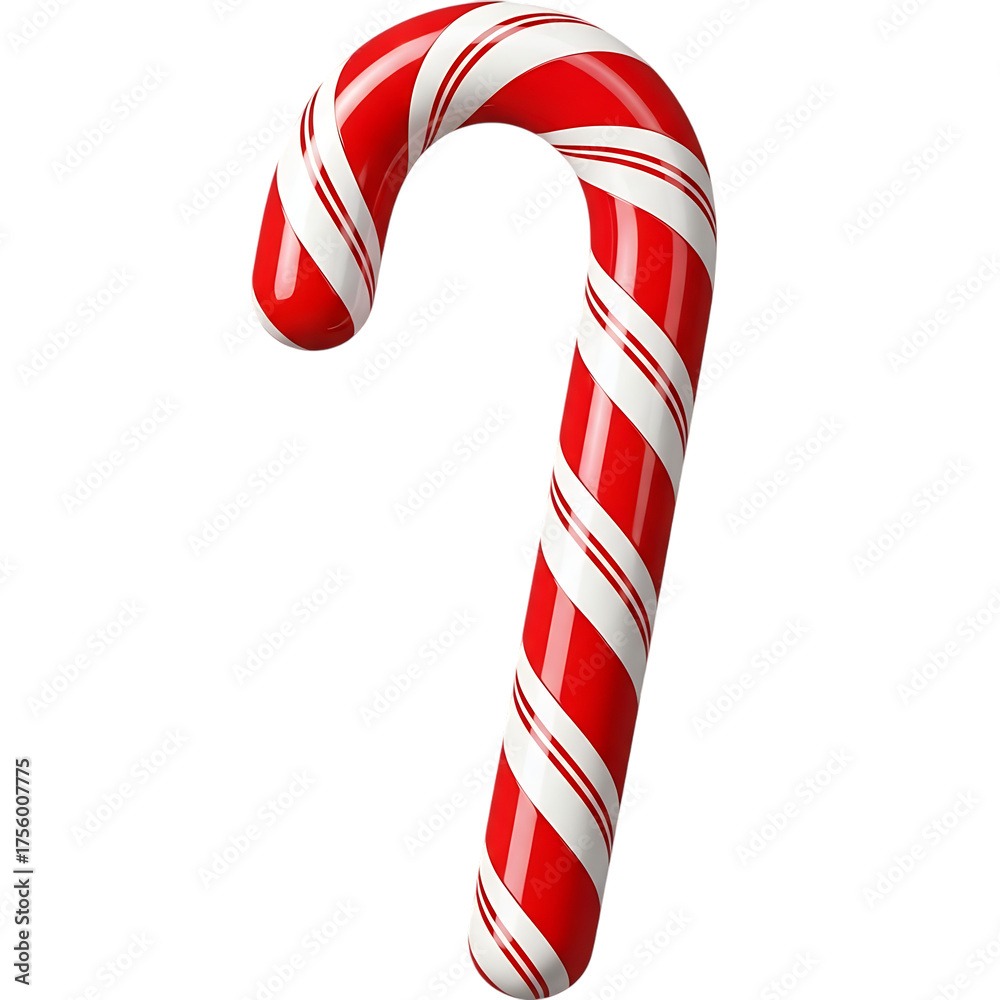 Obraz premium Traditional curved candy cane with alternating red and white stripes and delicate stripe detail isolated on transparent background