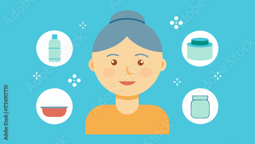AntiAging Icons Icons representing youthful features like a wrinklefree face and firm skin surrounding the cream jar to signify its antiaging benefits.