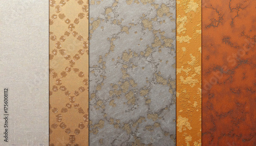 Textured wallpaper in gold, silver, brown, and beige colors