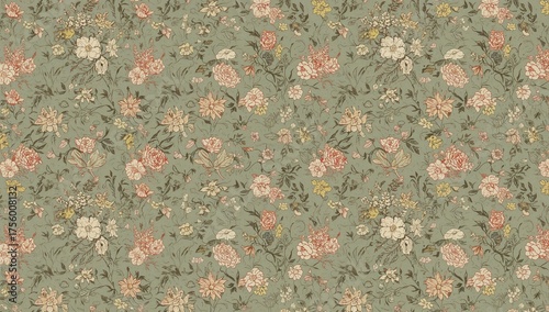 Delicate hand-sketched tiny flowers in a sophisticated floral design. Classic floral repeat for apparel. Retro style background. Continuous spring blossom motif.