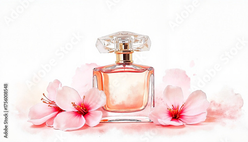 Perfume bottle with pink flowers on soft white background