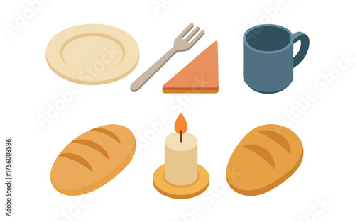 Isometric kitchenware and baking elements on white background