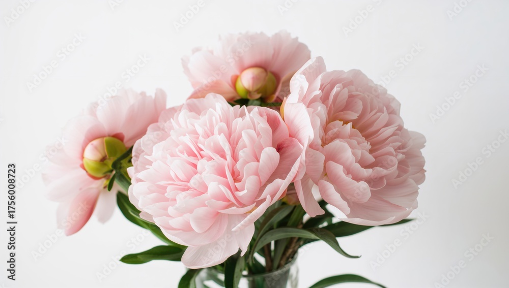 Fototapeta premium Delicate pink peonies arranged against a white backdrop