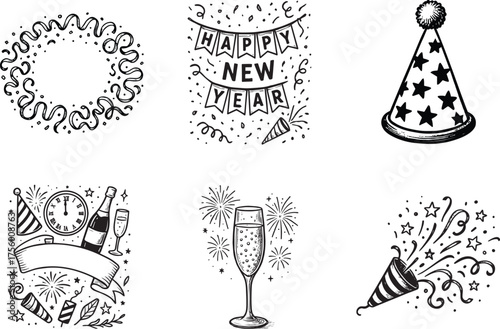 A collection of festive vector illustrations captures the joyous spirit of a New Year celebration, with a touch of whimsical elegance.