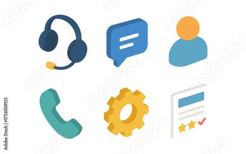 Isometric communication icons: headset, chat bubble, profile, phone, gear, feedback