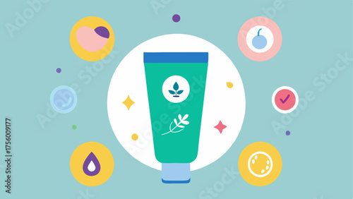 Active Ingredients Visualization Display a hand cream tube surrounded by icons of active ingredients with exosomes at the center indicating their primary role in skin rejuvenation.