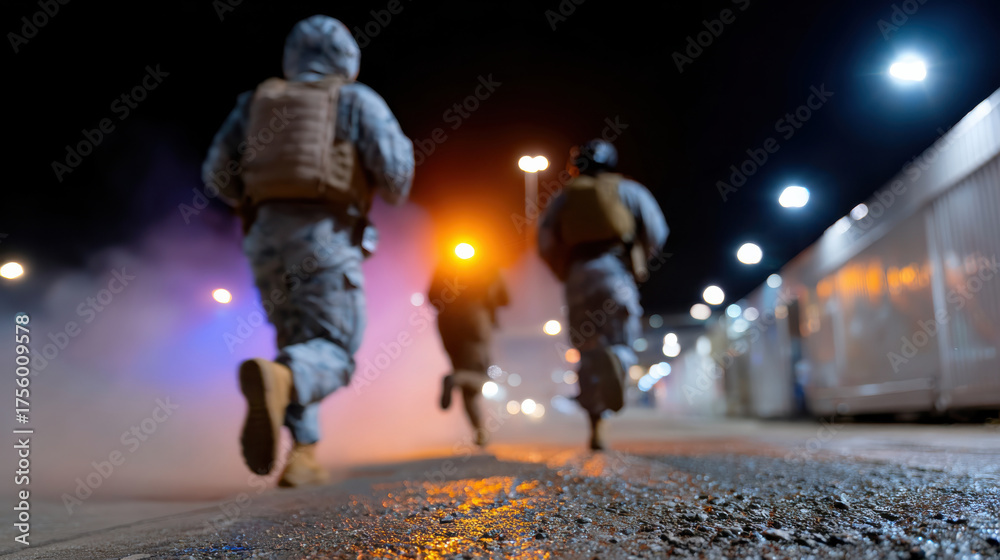 Obraz premium A powerful depiction of troops retreating through a chaotic urban landscape at night, underscoring the tension and dramatic realities of military engagements in modern environments.