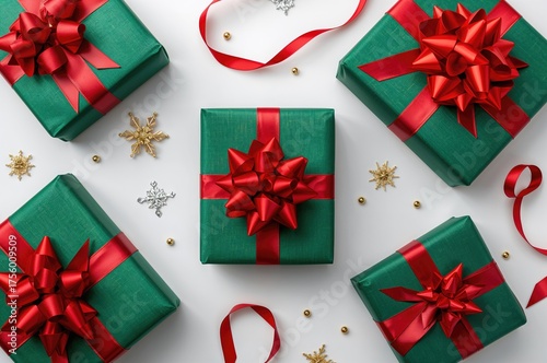 Presents wrapped in green paper with red ribbons on a white surface