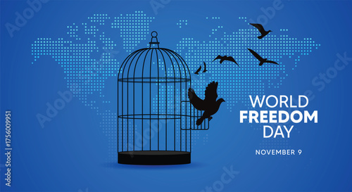 World Freedom Day Concept with Open Birdcage and Flying Birds Illustration