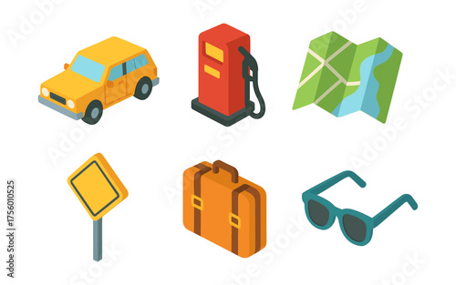Isometric travel icons: car, fuel pump, map, sign, luggage, sunglasses