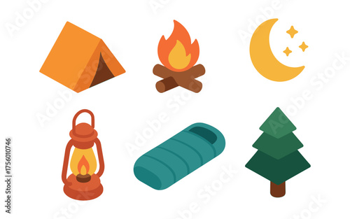 Colorful camping symbols: tent, campfire, and nature icons for outdoor design