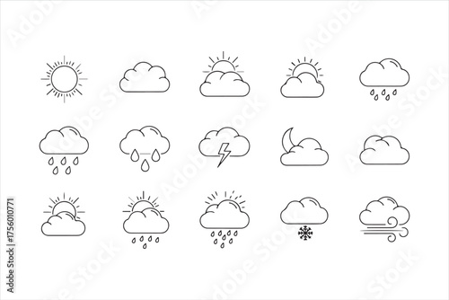 Weather forecast icons set of weather condition symbols such as cloud, sun, rain, snow, wind, storm and moon