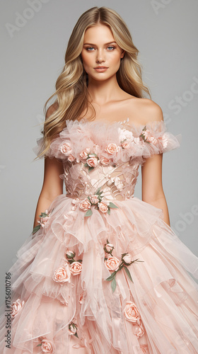 A young Caucasian woman with long blonde hair wears an elegant off-shoulder pink dress adorned with flowers