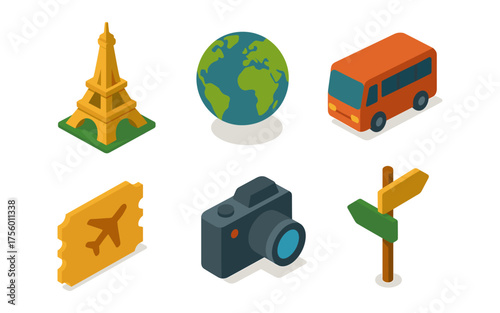 Isometric travel icons: global adventures with camera and tickets