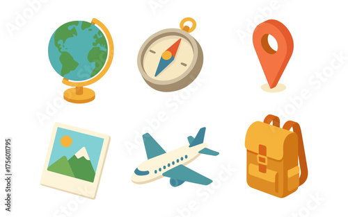 Travel and adventure icons in isometric style with globe, compass, and airplane