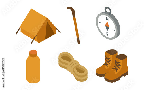 Isometric camping gear collection: tent, compass, hiking boots, water bottle, rope, walking stick
