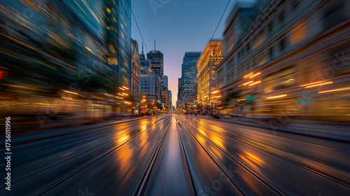 City Street at Dusk: A dynamic street scene captures the essence of a bustling city at dusk, with buildings along the thoroughfare and blurred streaks of light, creating an impression of urban life