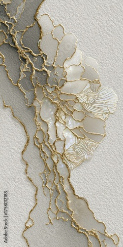 Elegant abstract art; white, gold, and gray colors; wall art; textured background