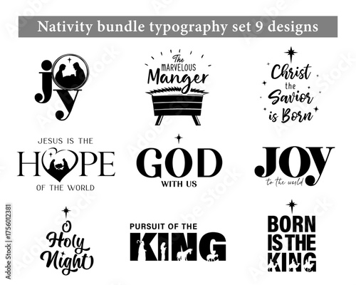 Nativity bundle typography set 9 designs with Christmas scene. Lettering clip art with Mary, Joseph, Jesus and shepherds for scrapbooking, printed paper or wall decor. Vector illustration