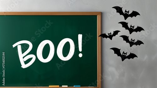 Chalkboard in classroom shows the word Boo! written in white, black bats against gray wall nearby