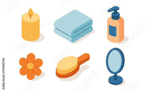 Colorful isometric spa objects: candle, towel, lotion, flower, brush, mirror