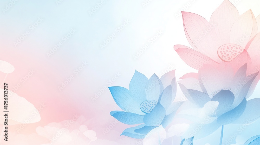 Obraz premium A blooming lotus flower with soft light pink and white petals, perfect for use in digital media such as websites, mobile app interfaces, social media, marketing materials, and posters.