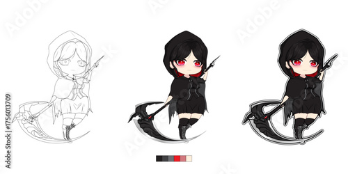 Sketch to Final Vector Illustration of Cute Chibi grim reaper Anime Girl Holding Black Scythe Wearing Dark Hood.Hand Drawn