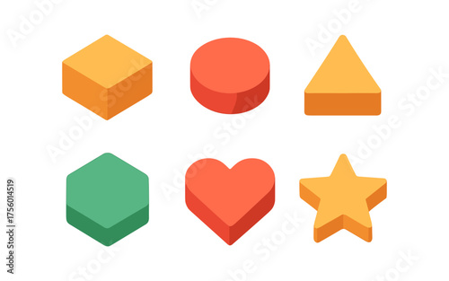 Free Download Colorful isometric shapes set featuring cube, cylinder, pyramid, hexagon, heart, star - GFXLoad