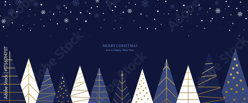 An elegant Christmas banner featuring modern geometric trees with gold accents against a midnight blue, snowy sky background. Includes holiday text. Vector illustration.