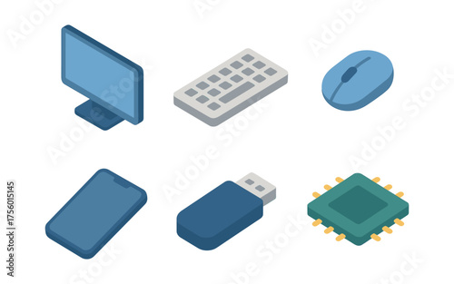 Isometric technology icons: devices and components for modern digital concepts