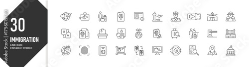 30 Immigration and Border Control Line Icons Editable Stroke