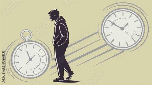 Silhouette of a man walking past clocks representing the passage of time and the concept of time management