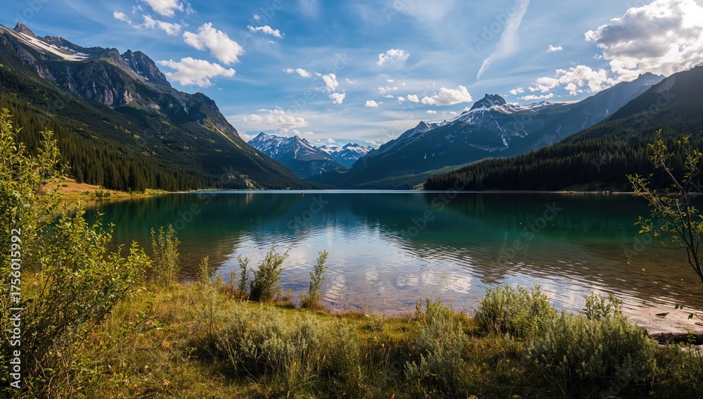 Naklejka premium Large Shavlinskoe Lake in the Altai Mountain Range