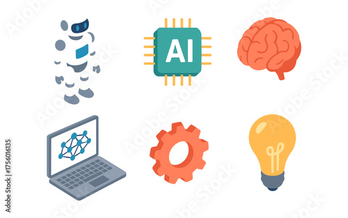 Isometric ai technology icons: robot, chip, brain, laptop, gear, lightbulb