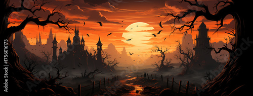 A colorful Halloween vector art of a graveyard scene with twisted tree silhouettes and a haunted house in the distance.