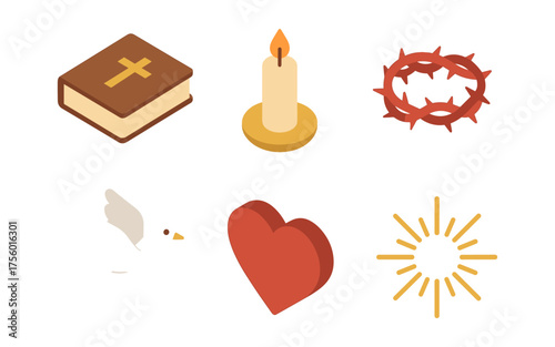 Religious symbols collection: bible, candle, crown of thorns, dove, heart, sunburst