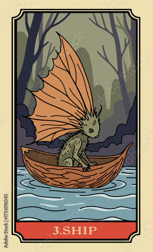 The Ship. A comic-style fantasy card from the Lenormand Oracle deck. The classic 5:3 ratio for divination cards.