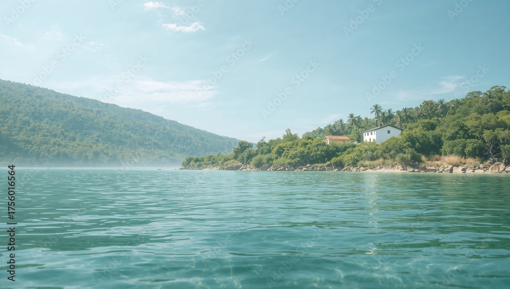 Fototapeta premium A white house surrounded by natural water textures symbolizing health and energy from the earth