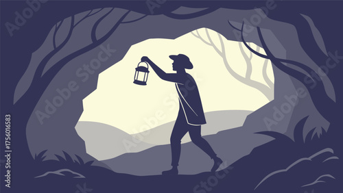 Silhouette of a person holding a lantern exploring a dark cave entrance with light illuminating the interior