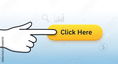 Hand pointing at a yellow click here button with a light blue background and business icons above it created with generated ai