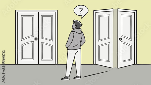Young person stands at a crossroads contemplating two different doors symbolizing a difficult decision or choice