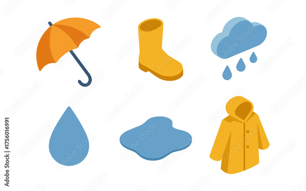 Obraz premium Rainy day essentials: bright isometric design of umbrella, boots, and raincoat