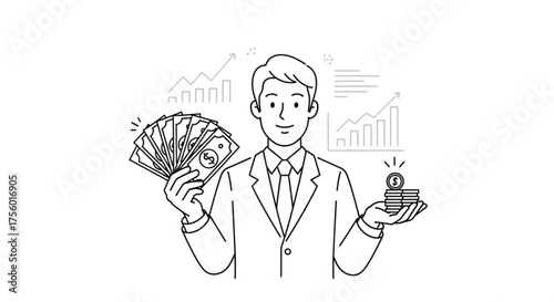 Man in suit holding money and coins with financial growth charts in the background illustration created with generated ai