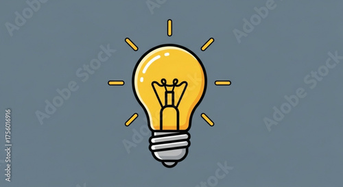 Illustration of a glowing lightbulb with a filament and radiating light on a gray background design created with generated ai