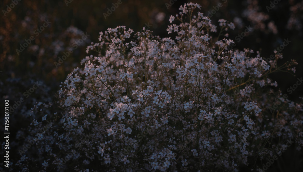 Fototapeta premium Gypsophila paniculata specimens against a dim twilight backdrop