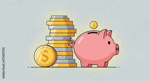 Illustration of a pink piggy bank with coins being deposited next to a stack of gold and silver coins created with generated ai
